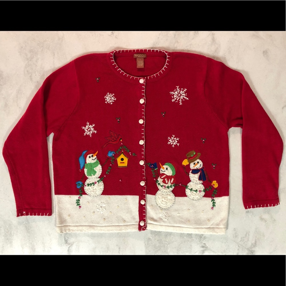 EUC Traditions Christmas Snowman Cardigan XL
